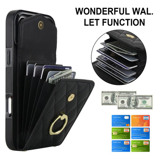 Rhombic Texture Card Bag Phone Case with Long Lanyard