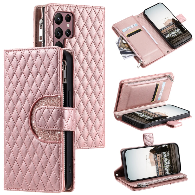 Glitter Lattice Zipper Wallet Leather Phone Case