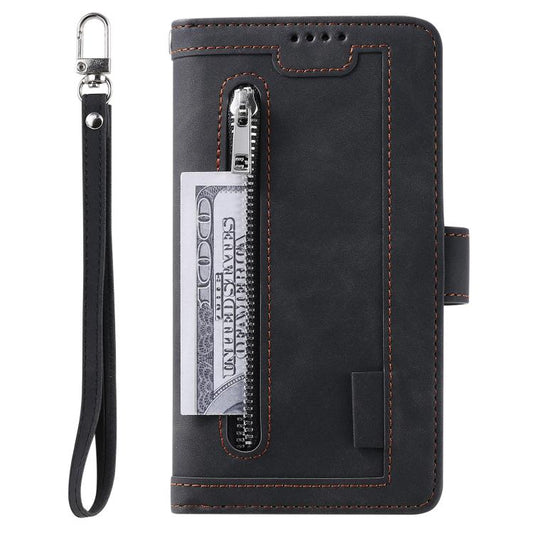 Nine Card Zipper Bag Leather Phone Case with Lanyard