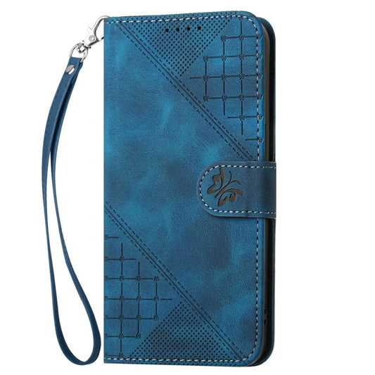Grid Butterfly Embossed Pattern Leather Phone Case with Lanyard