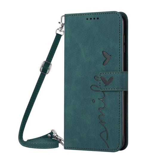 Skin Feel Heart Embossed Leather Phone Case with Long Lanyard