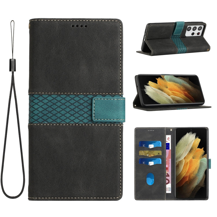 Grid Stitching Leather Phone Case with Lanyard