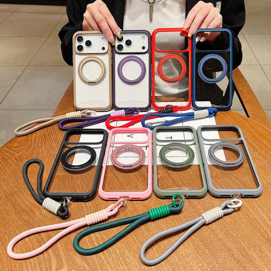 Solid Color Edge Transparency Rotation Holder MagSafe Phone Case with Wrist Strap