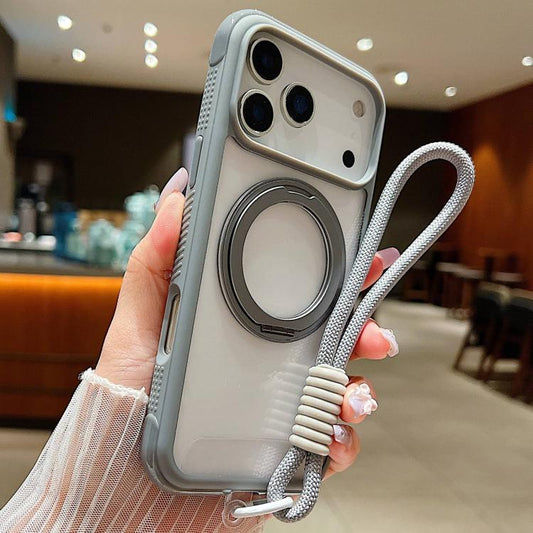 Solid Color Edge Transparency Rotation Holder MagSafe Phone Case with Wrist Strap
