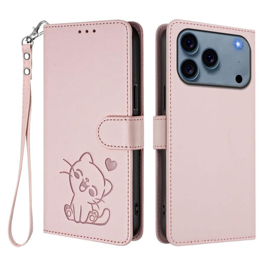 Embossed Heart Cat Leather Phone Case with Hand Strap