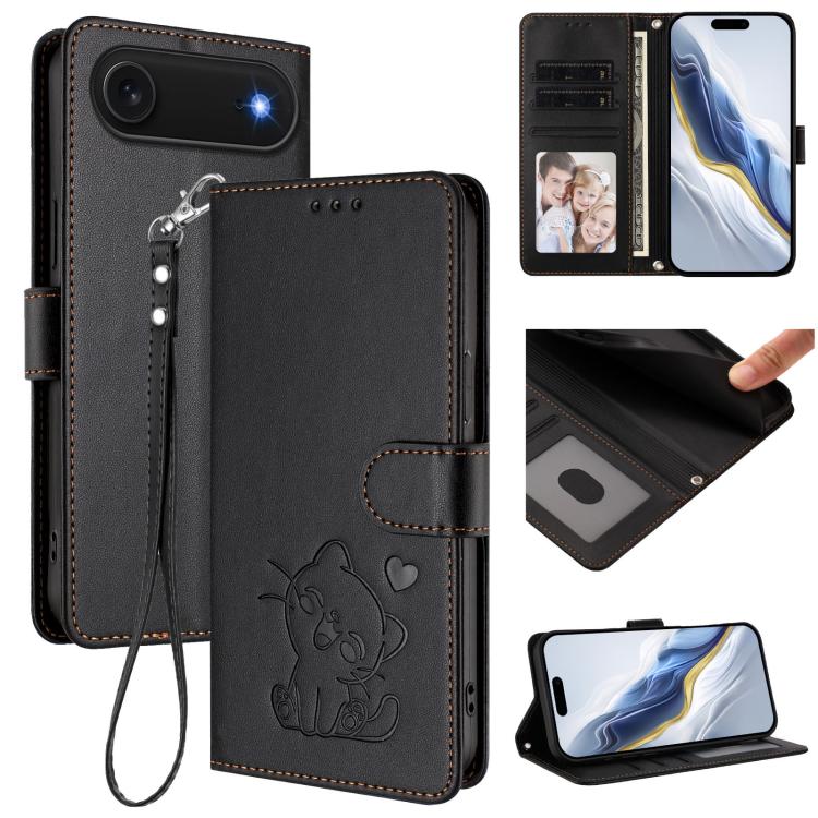 Embossed Heart Cat Leather Phone Case with Hand Strap