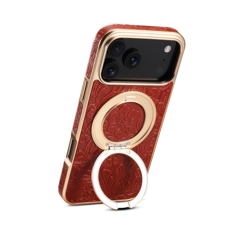 Denior A23 Retro Flower Texture Magnetic Holder Electroplating Genuine Leather Phone Case