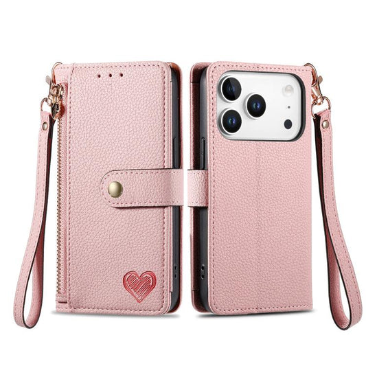 Love Zipper Lanyard Leather Phone Case