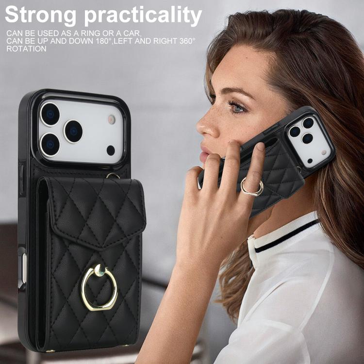 Rhombic Texture Card Bag Phone Case with Long Lanyard