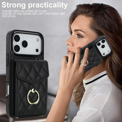 Rhombic Texture Card Bag Phone Case with Long Lanyard