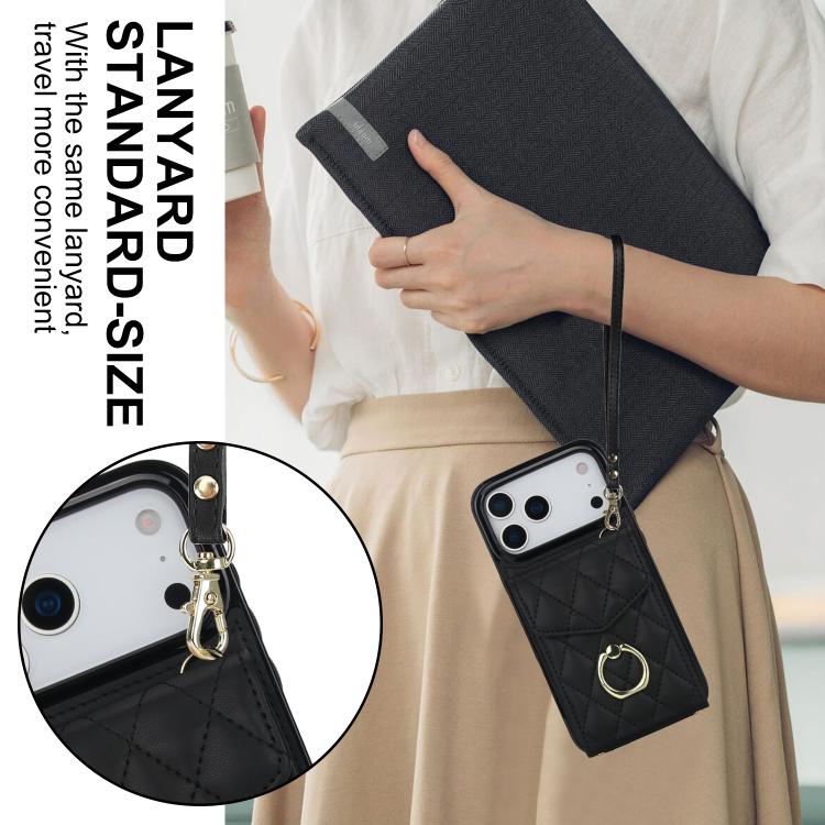 Rhombic Texture Card Bag Phone Case with Long Lanyard