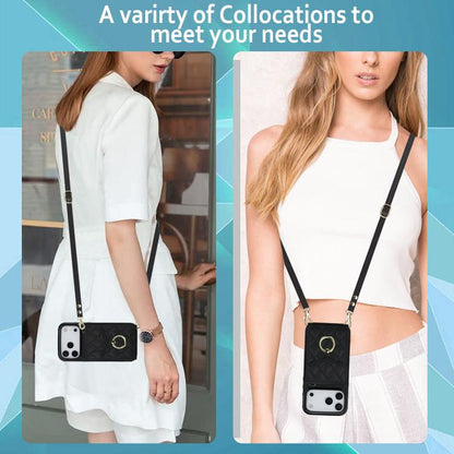 Rhombic Texture Card Bag Phone Case with Long Lanyard