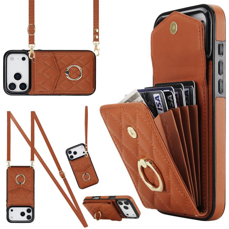 Rhombic Texture Card Bag Phone Case with Long Lanyard