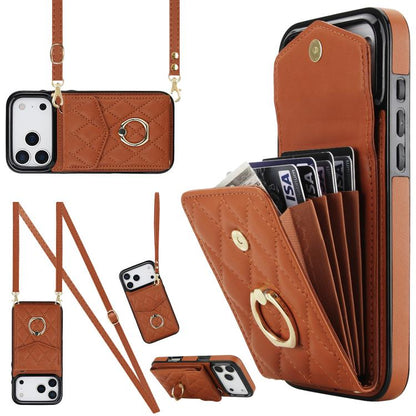 Rhombic Texture Card Bag Phone Case with Long Lanyard