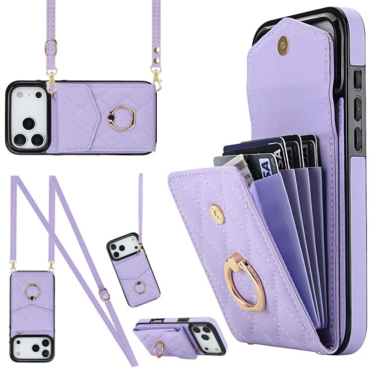 Rhombic Texture Card Bag Phone Case with Long Lanyard