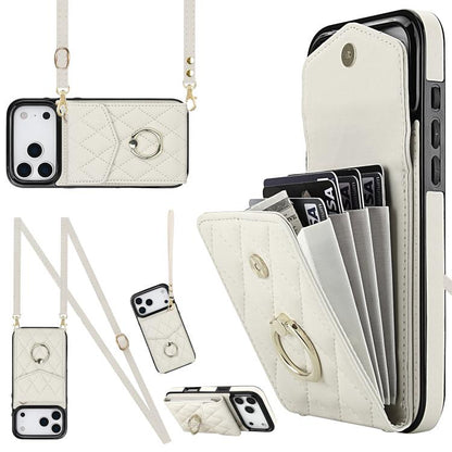 Rhombic Texture Card Bag Phone Case with Long Lanyard