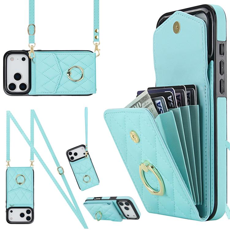 Rhombic Texture Card Bag Phone Case with Long Lanyard