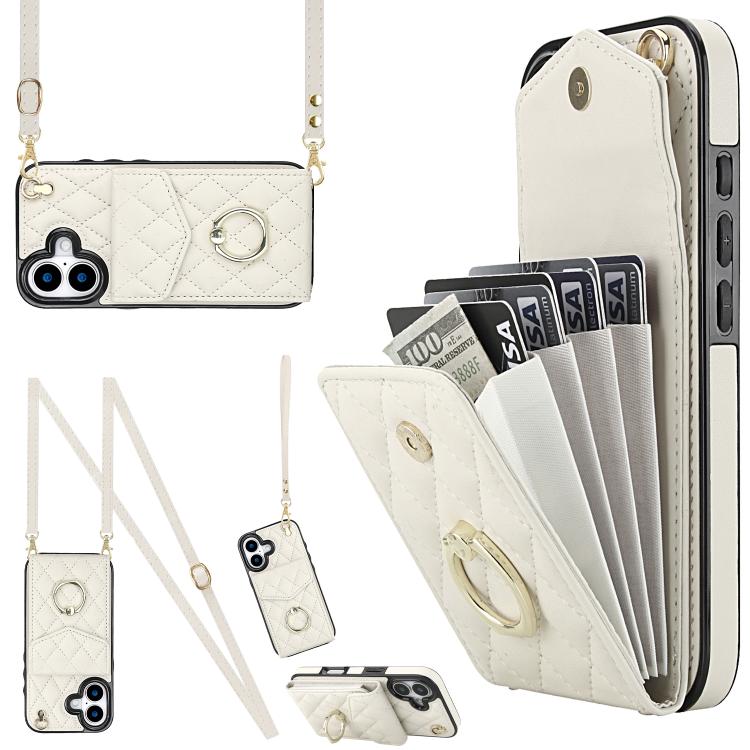 Rhombic Texture Card Bag Phone Case with Long Lanyard