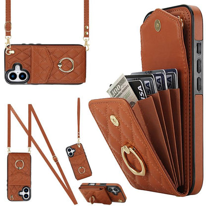 Rhombic Texture Card Bag Phone Case with Long Lanyard