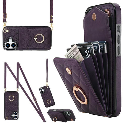 Rhombic Texture Card Bag Phone Case with Long Lanyard
