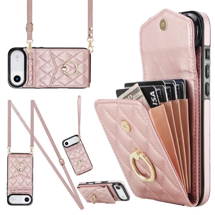 Rhombic Texture Card Bag Phone Case with Long Lanyard