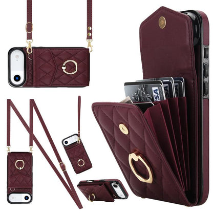 Rhombic Texture Card Bag Phone Case with Long Lanyard