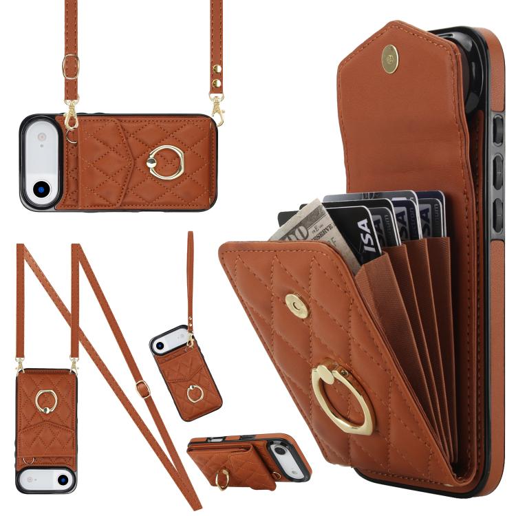 Rhombic Texture Card Bag Phone Case with Long Lanyard