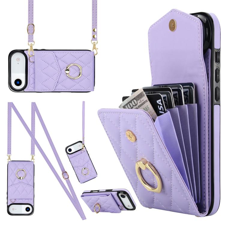 Rhombic Texture Card Bag Phone Case with Long Lanyard