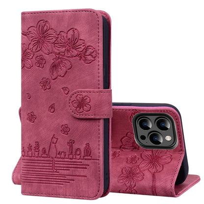 Cartoon Sakura Cat Embossed Leather Phone Case