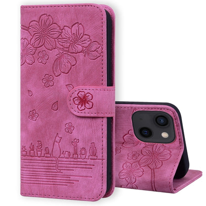 Cartoon Sakura Cat Embossed Leather Phone Case