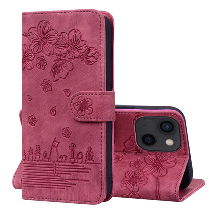 Cartoon Sakura Cat Embossed Leather Phone Case