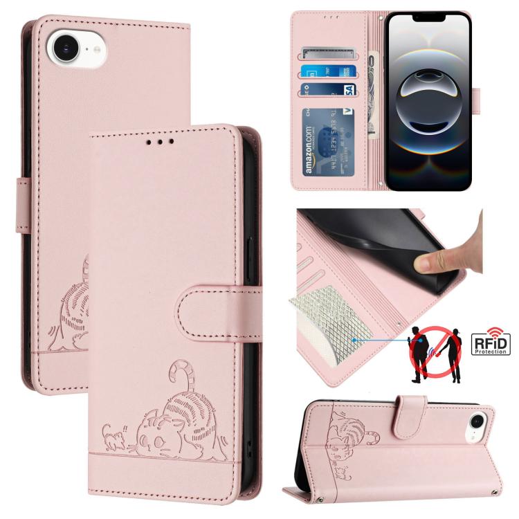 Cat Rat Embossed Pattern RFID Leather Phone Case with Lanyard