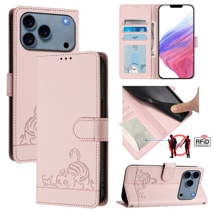 Cat Rat Embossed Pattern RFID Leather Phone Case with Lanyard