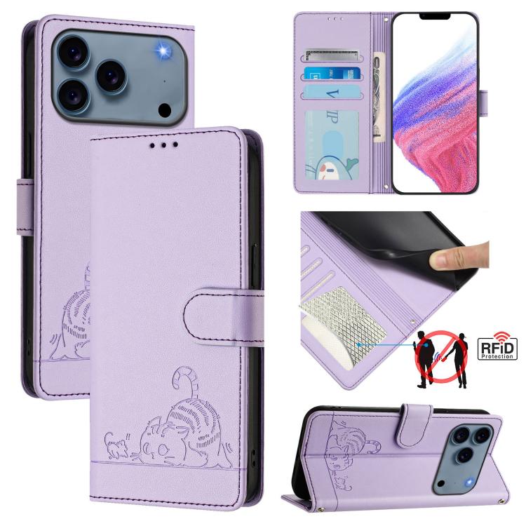 Cat Rat Embossed Pattern RFID Leather Phone Case with Lanyard