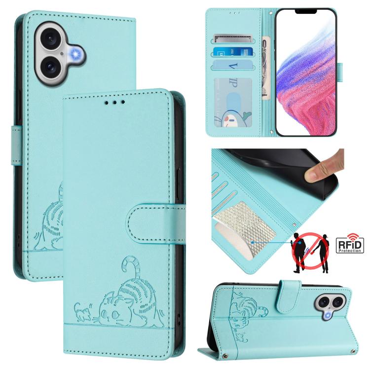 Cat Rat Embossed Pattern RFID Leather Phone Case with Lanyard