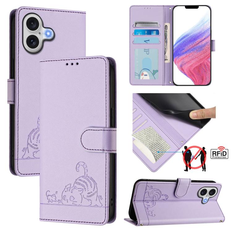Cat Rat Embossed Pattern RFID Leather Phone Case with Lanyard