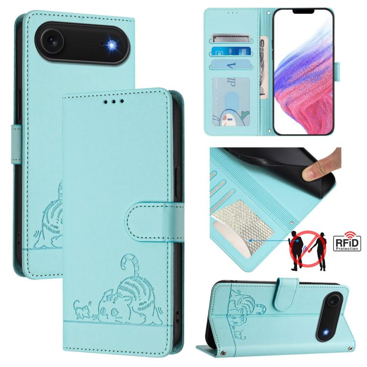 Cat Rat Embossed Pattern RFID Leather Phone Case with Lanyard