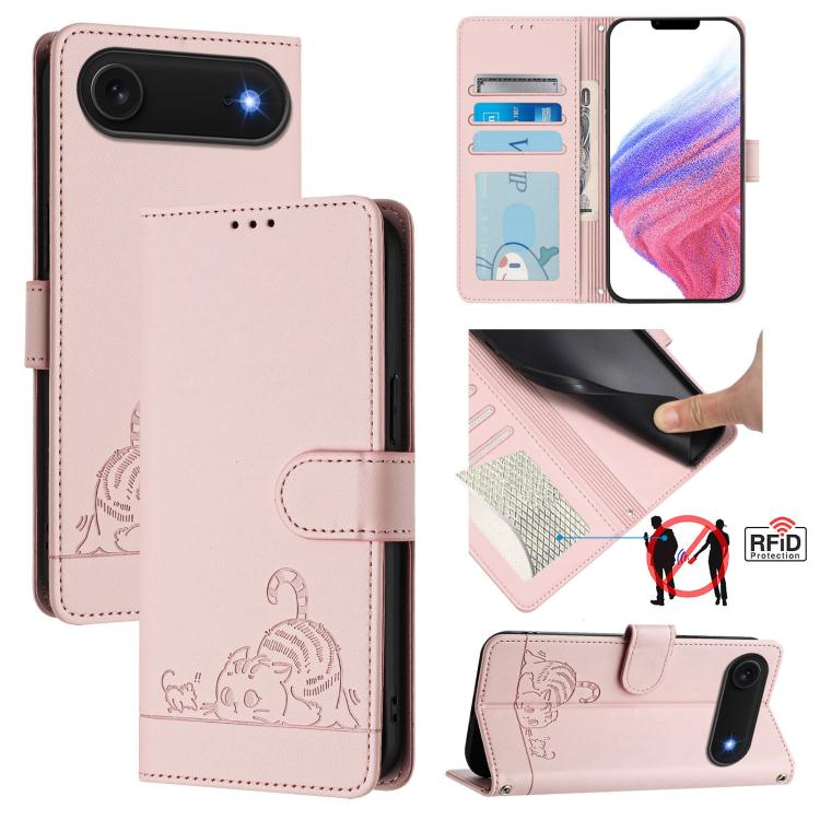 Cat Rat Embossed Pattern RFID Leather Phone Case with Lanyard