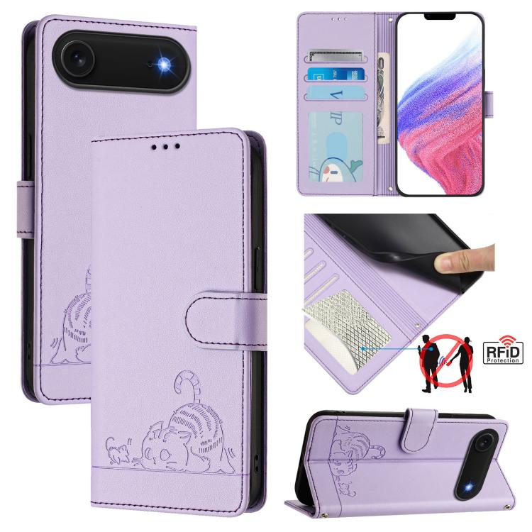 Cat Rat Embossed Pattern RFID Leather Phone Case with Lanyard