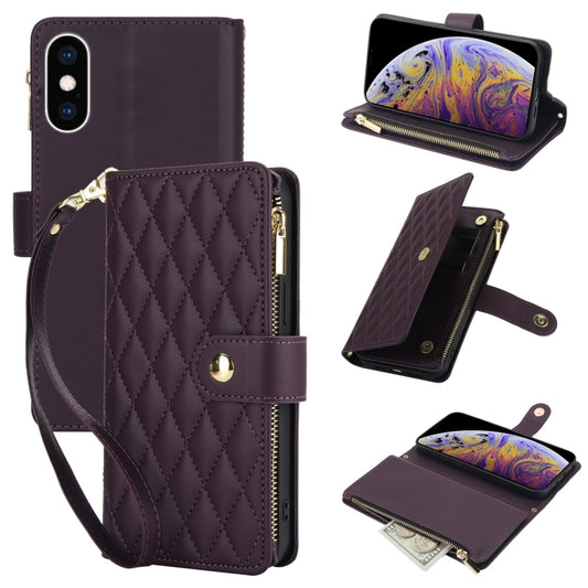 YM016 Rhombic Zipper Card Wallet Leather Phone Case with Lanyard