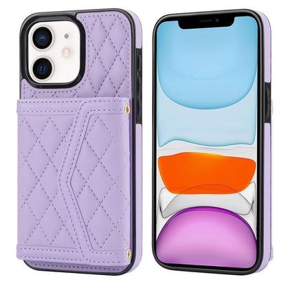 Splicing Rhombic Texture Card Bag Phone Case with Long Lanyard