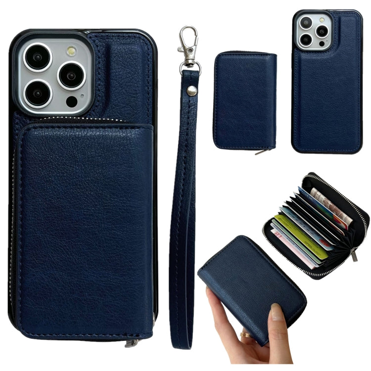 Solid Color Zipper 11-Card Slots Bag Phone Case with Lanyard