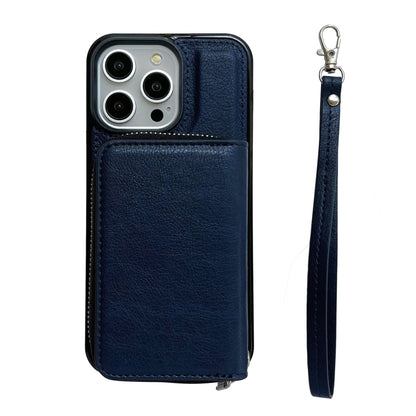 Solid Color Zipper 11-Card Slots Bag Phone Case with Lanyard