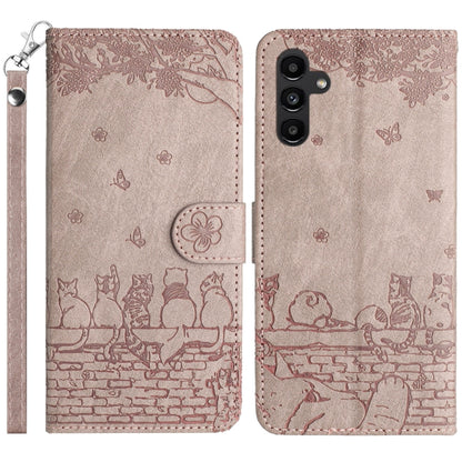 Cat Embossing Pattern Leather Phone Case with Lanyard