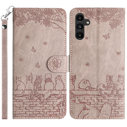 Cat Embossing Pattern Leather Phone Case with Lanyard