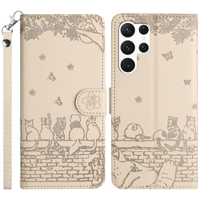 Cat Embossing Pattern Leather Phone Case with Lanyard