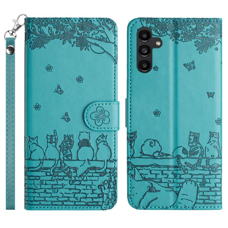 Cat Embossing Pattern Leather Phone Case with Lanyard