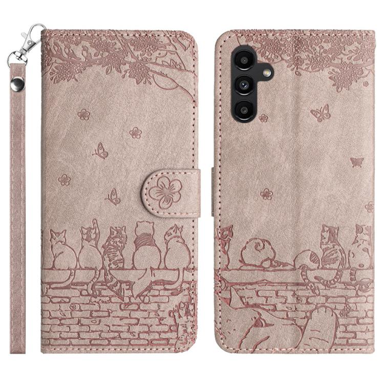 Cat Embossing Pattern Leather Phone Case with Lanyard