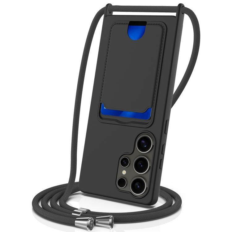 Integrated Card Bag Solid Color Liquid Silicone Phone Case with Lanyard