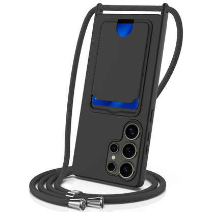 Integrated Card Bag Solid Color Liquid Silicone Phone Case with Lanyard